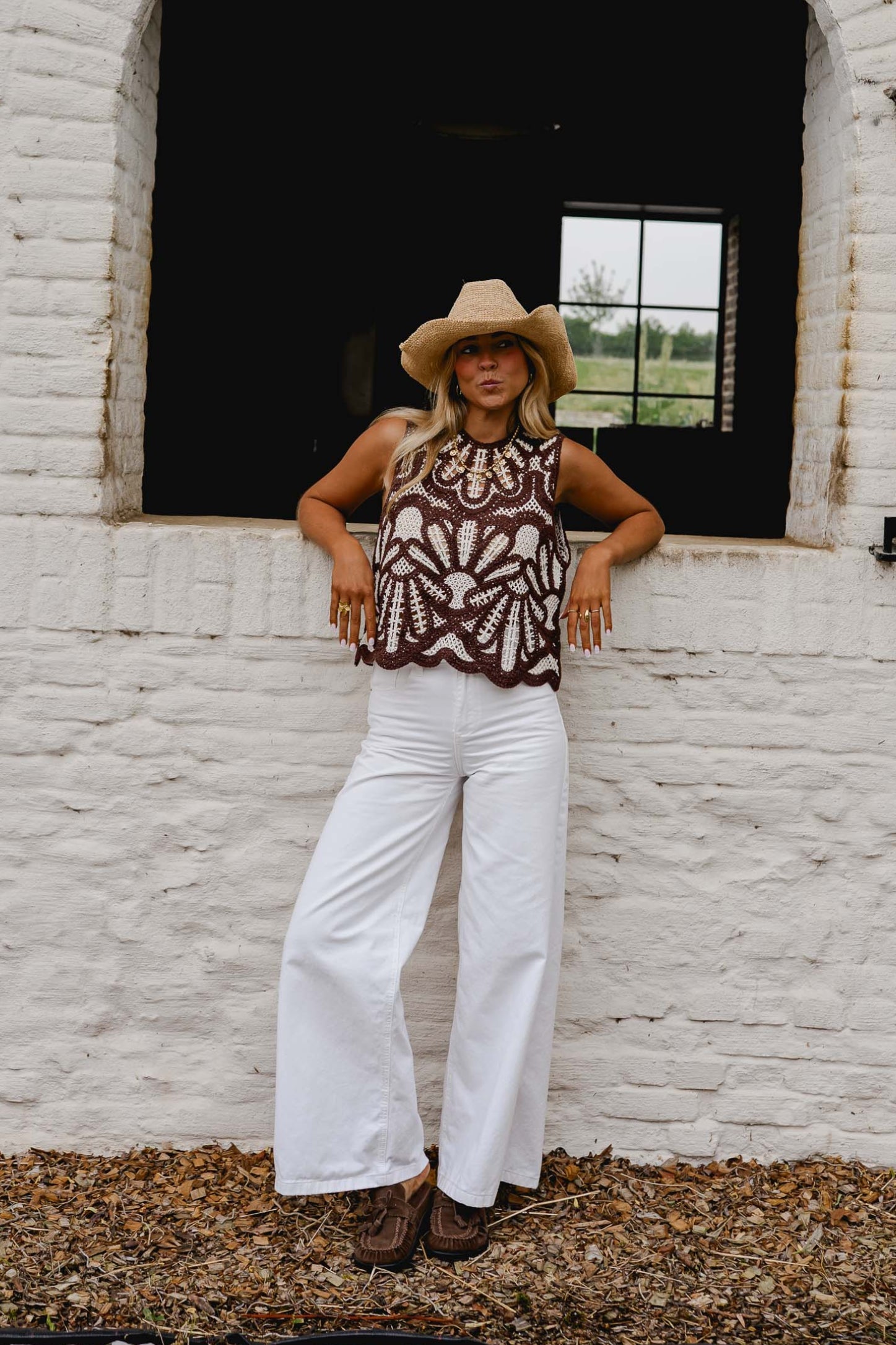 Brown And Ecru Crochet Zoe Top