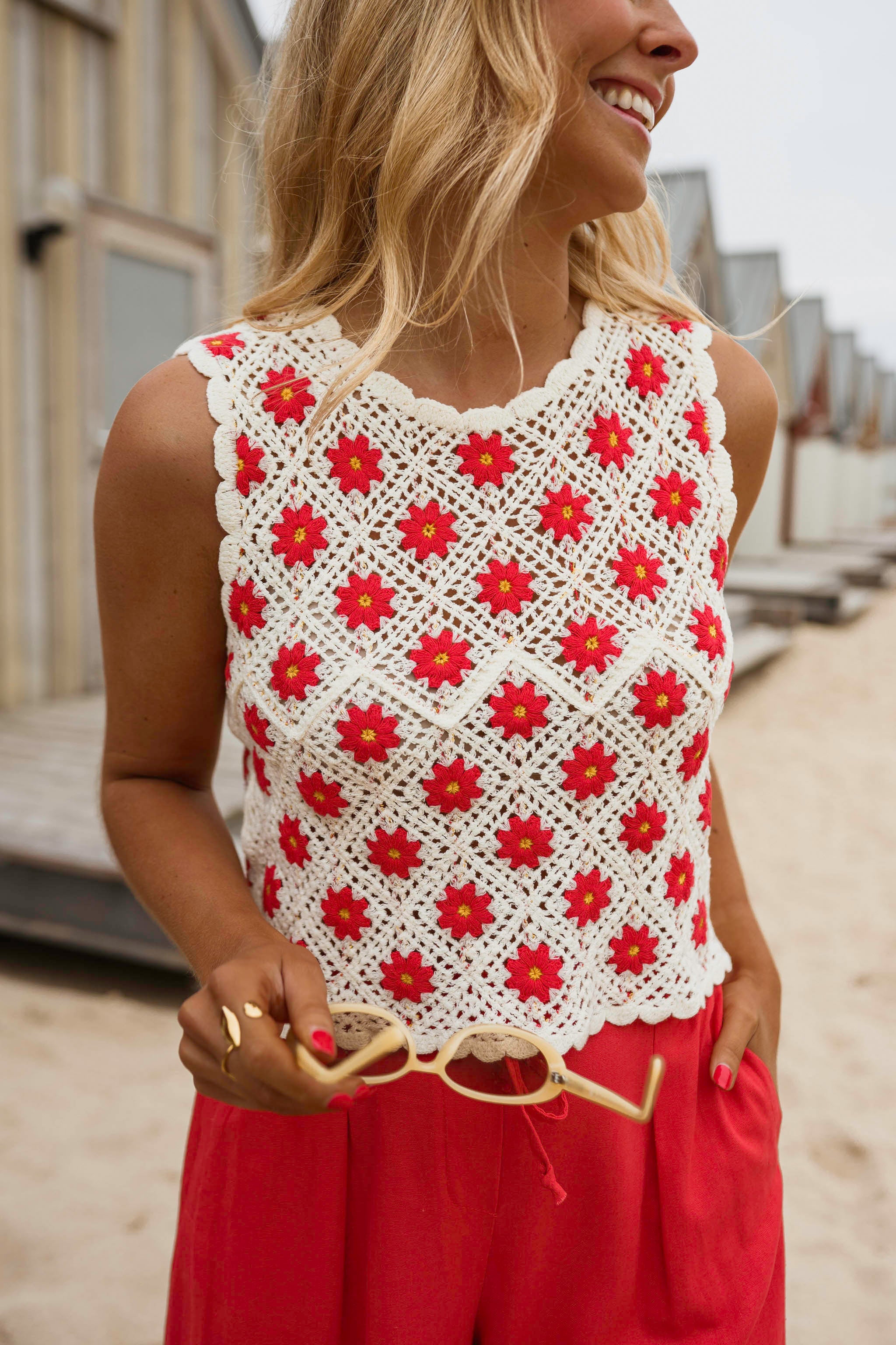 Ecru And Red Crochet Marcella Top